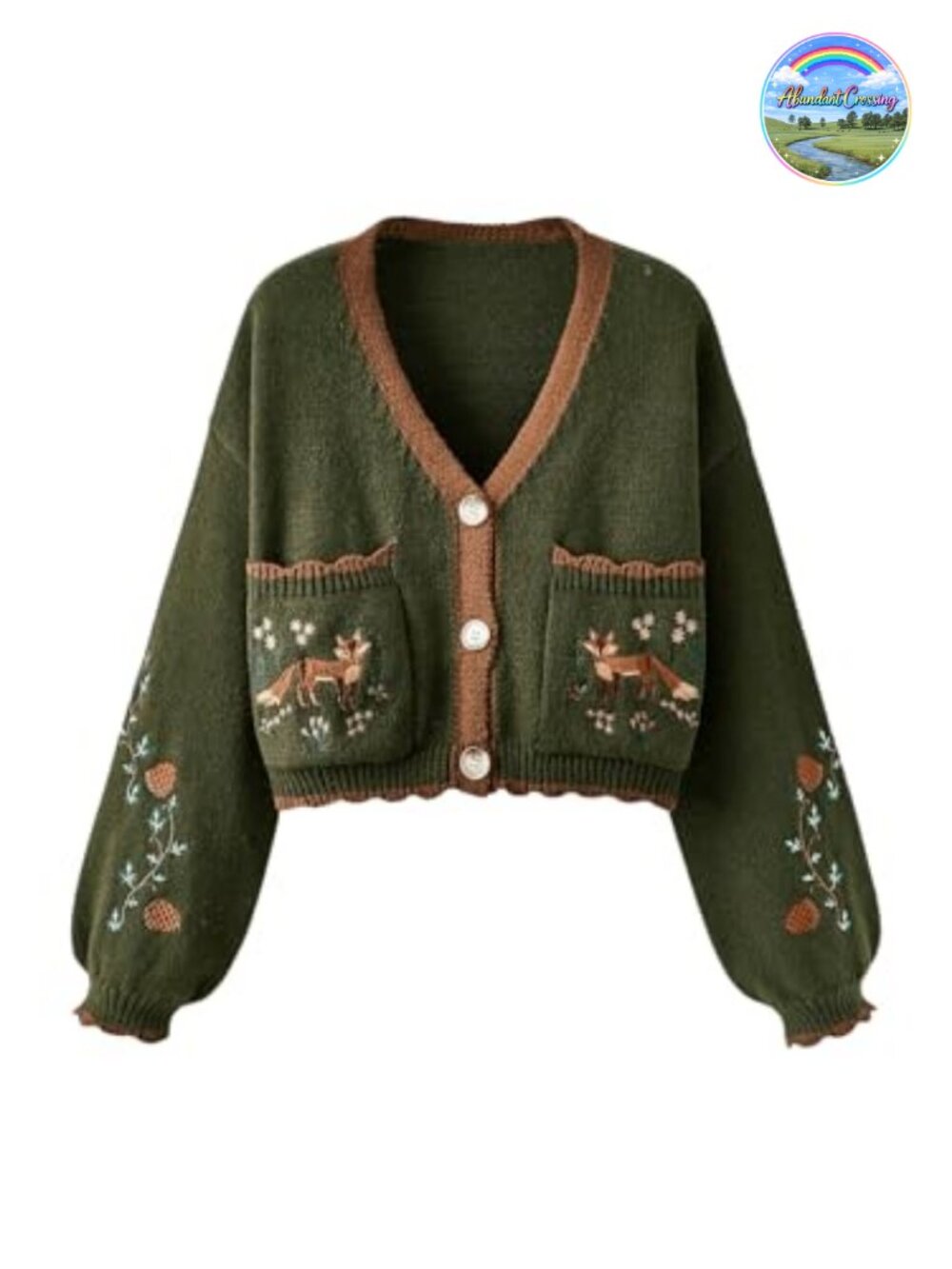 Women's Cropped Cardigan Boho Sweater Floral Embroidery V-Neck Button Up